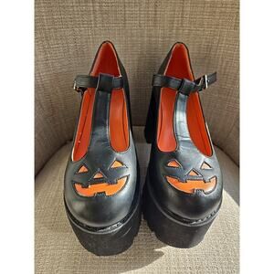 HOT TOPIC Pumpkin Platforms Shoes Jack O'Lantern Mary Jane Goth Platforms Sz 10
